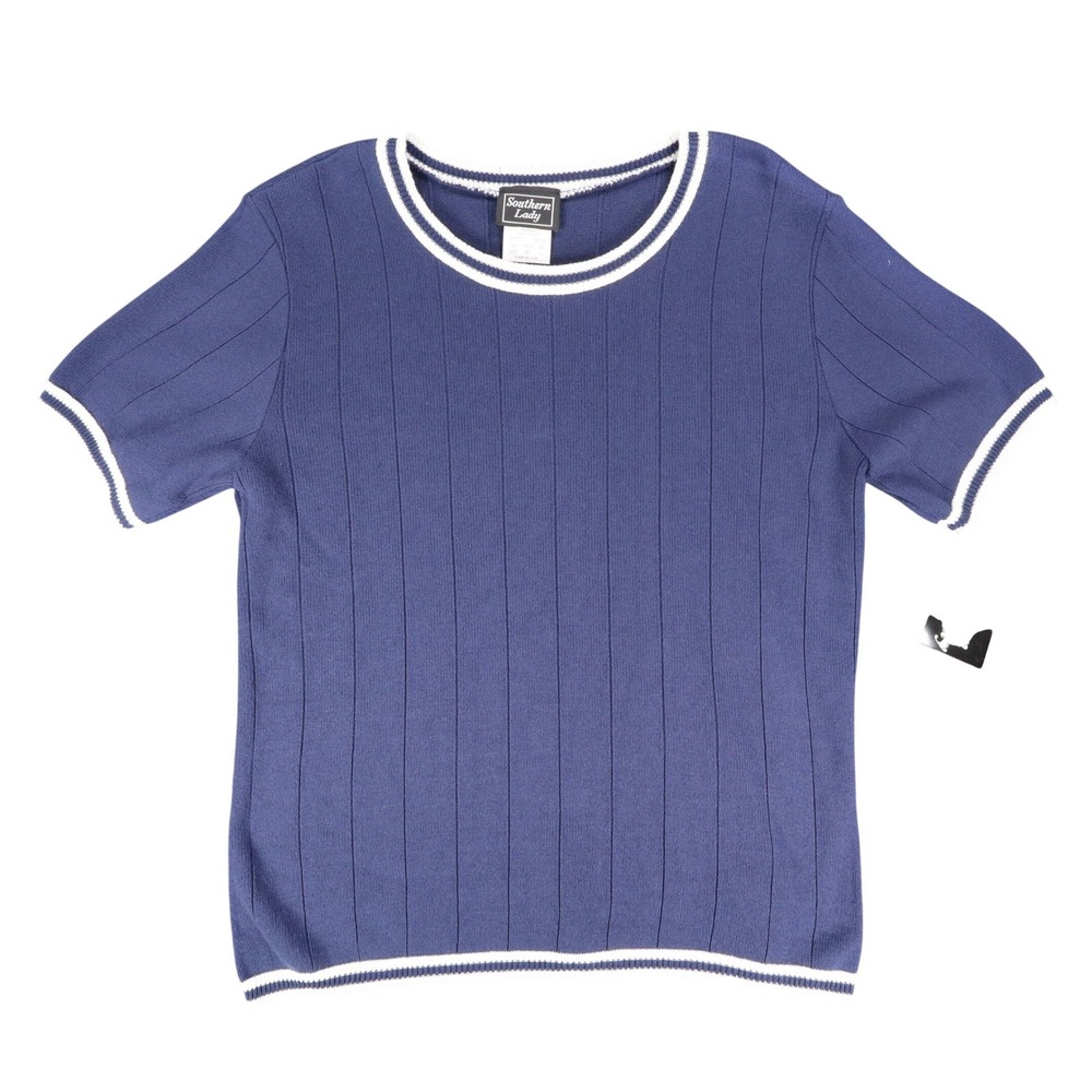 Southern Lady Short Sleeve Sweater Womens M Vintage Navy Blue Ribbed Knit NWT